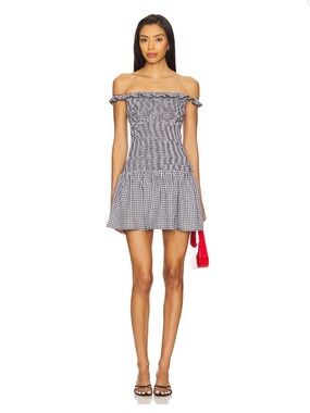 Off-Shoulder Gingham Mini Dress in Black and White : More To Come Revolve